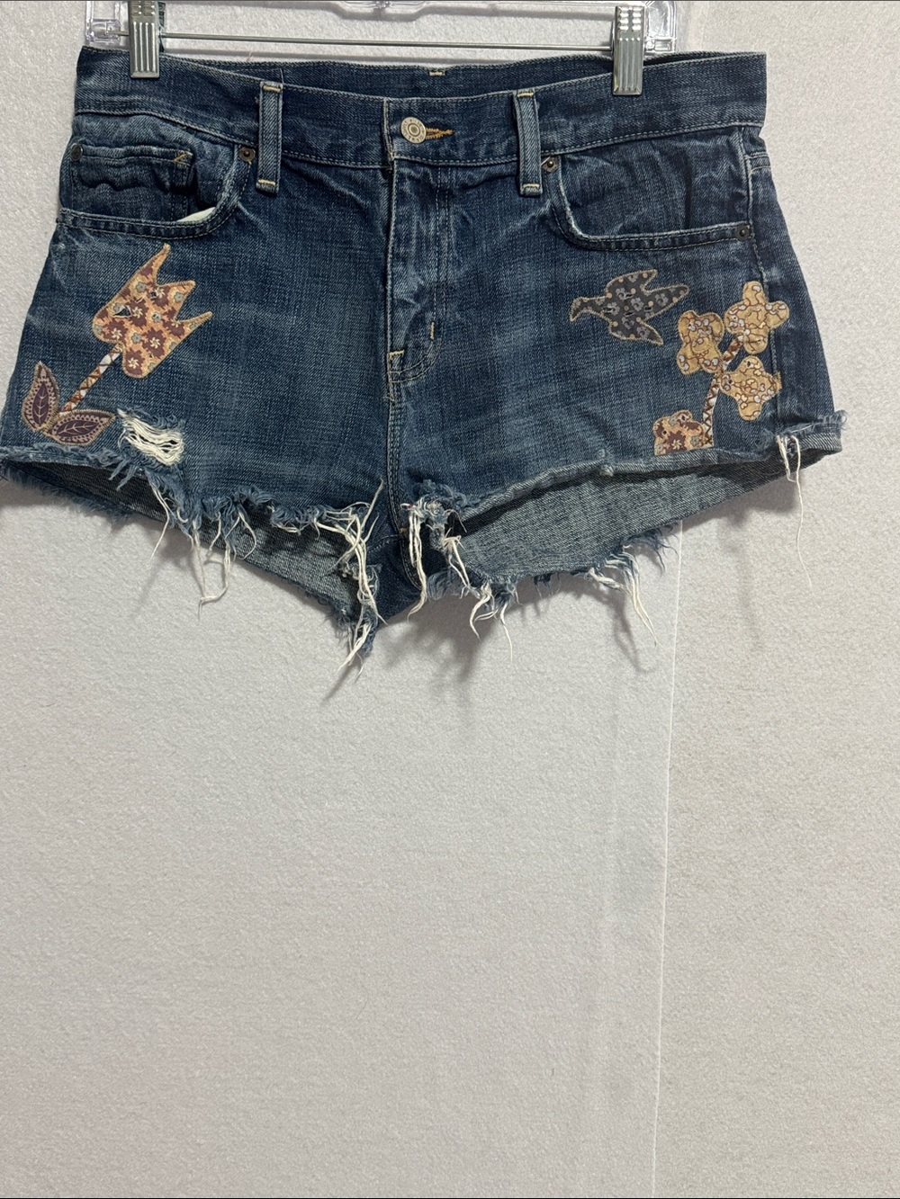 Denim & Supply Ralph Lauren Dark Blue Distressed Jean Shorts with Floral Patches